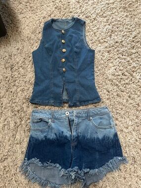 Denim Button Front Denim Top and Ombre Frayed Denim Shorts - Blue Set